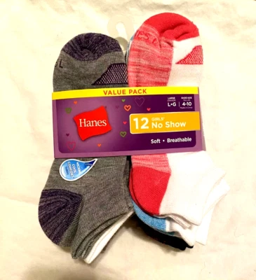 Hanes Socks 12 Pack Girls No Show Large Shoe 4-10 Multicolored Soft Breathable Foto 1 de 4