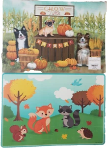 2 Same Plastic Reversible Placemats,12"x17",FALL PUMPKINS & ANIMALS,CHOW TIME,HL - Picture 1 of 19