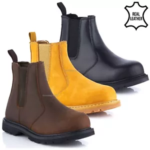 MENS LEATHER CHELSEA DEALER SAFETY STEEL TOE CAP BOOTS WORK PULL UP SHOES SIZES - Picture 1 of 6