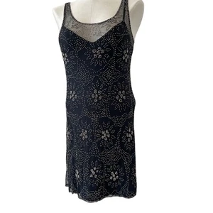 Vivienne Tam Mini Dress Vintage 90s Nylon Mesh Beaded Starbursts Black Size 1 - Picture 1 of 12