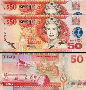 Fiji 50 Dollars 2002, UNC, 2 Pcs PAIR, Consecutive, P-108a, Queen Elizabeth II - Picture 1 of 4
