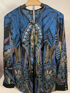 Bob Mackie Wearable Art Large bunte Bluse Pullover V-Ausschnitt Reißverschluss Federn - Bild 1 von 10