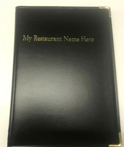 QTY 20 A4 MENU FOLDERS IN PU STITCHED BLACK WITH YOUR RESTAURANT NAME PRINTED - Picture 1 of 3