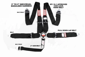 RACERDIRECT SFI 16.1 5 POINT HANS CAM LOCK FLOOR MOUNT BELT HARNESS BLACK - Photo 1 sur 4