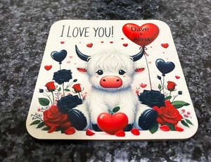 Lindo regalo sublimado tinte de corcho regalo vaca posavasos nombre personalizado San Valentín - Imagen 1 de 6