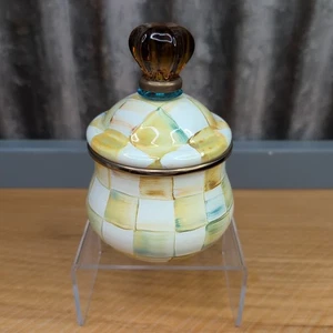 MacKenzie Childs Parchment Check Enamel Sugar Bowl & Lid Blue Ring Retired 5.75" - Picture 1 of 16