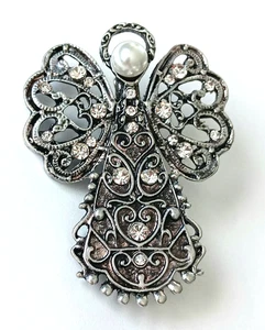 Vintage Filigree Silver Tone Angel Christmas Pendant Brooch with Faux Pearl - Picture 1 of 3