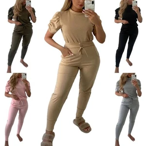 Women's Ladies Loungewear Tracksuit Co-Ord Ruched Short Sleeve Suit Set UK - Picture 1 of 16