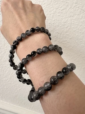 Collar de cuentas de cristal de cuarzo rutilado negro natural 7,2 mm Foto 1 de 4