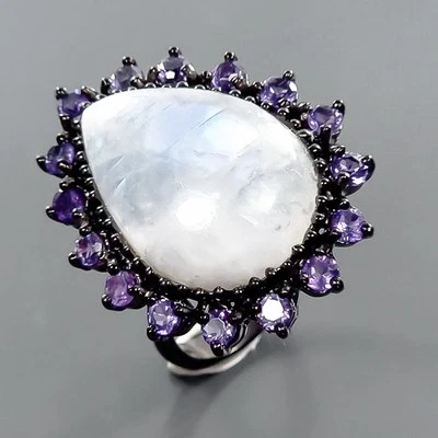 Anillo de piedras preciosas 25 quilates + piedras lunares naturales plata de ley 925 tamaño 8/R408177 Foto 1 de 4