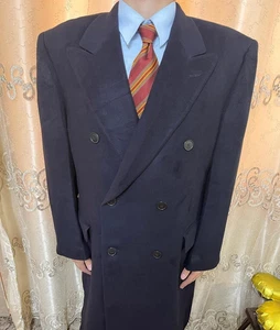70er Vintage Handtailored 100% Pure Cashmere Gangster Navy DB Over Coat 44R 46R - Bild 1 von 13