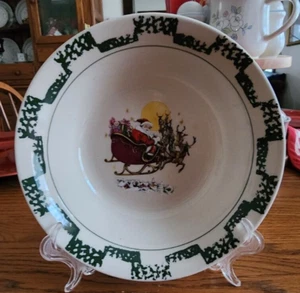 Santa & His Reindeer in Sleigh Cereal Soup Bowls (pair) 7" Stoneware White Green - Picture 1 of 19