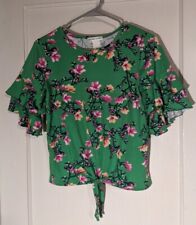 Girls "Miss Majesty" Green Floral Tie-front Shirt with Ruffle Sleeves in Size LG