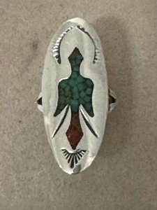 Vintage Navajo Turquoise and Coral Chip Peyote Bird Ring w/Split Side Band Sz. 6 - Picture 1 of 15