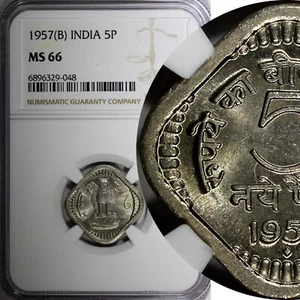 India-Republic 1957 (B) 5 Naye Paise 1st Year Type NGC MS66 TOP GRADED KM# 16(8) - Picture 1 of 5