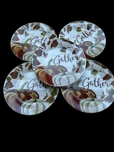 Set Of 5 Royal Norfolk Gather Pumpkins  7.5” Salad Plates Stoneware Thanksgiving - Picture 1 of 7
