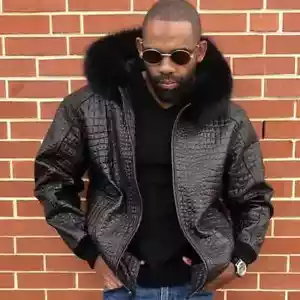 MEN'S REAL LEATHER JACKET CROCODILE EMBOSSED JACKET FUR HOOD BIKER JACKET - Picture 1 of 3