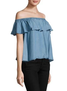 Rebecca Minkoff Chambray Dev Off The Shoulder Top Blouse Blue Boho Peasant Sz M - Picture 1 of 6
