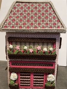 HAND CRAFTED PLASTIC EMBROIDED, EMBELLISHED NEEDLEPOINT HOUSE REMOVEABLE TOP - Picture 1 of 8