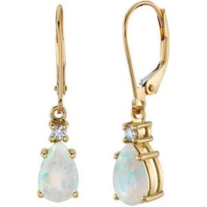 Teardrop Opal and Diamond Leverback Earrings 14K Yellow Gold 2 Carats Total - Picture 1 of 5