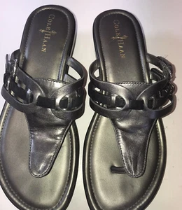 COLE HAAN Melissa Bone Leather Buckle Thong Wedge Sandals Bronze Sz 8.5B - Picture 1 of 7