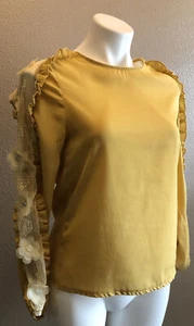 Long Sleeve Embellished Blouse Gorgeous Vintage Cappuccini 3D Mustard Color - Picture 1 of 12