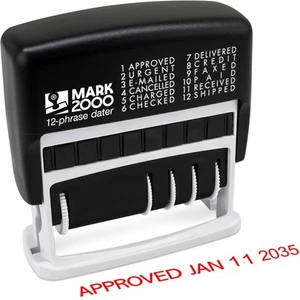 12-Phrase Dater - Date & Phrase Self-Inking Stamp - Red Ink - Picture 1 of 7