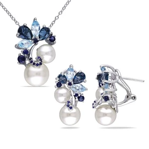 AMOUR 2-pc Set Of 5 3/4 CT TGW London and Sky Blue Topaz, Sapphire and Cultured - Picture 1 of 8