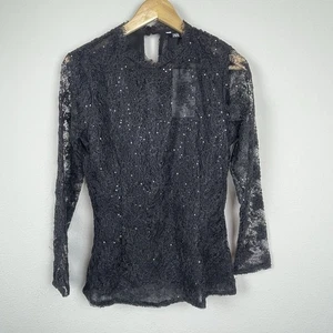 NWT Zara Black Lace Top Size M Sheer Mock Neck Open Back Sequin Whimsigoth Witch - Picture 1 of 8