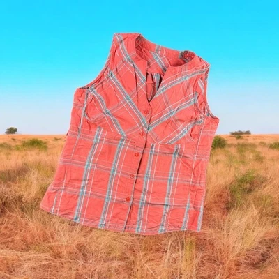 Camiseta sin mangas Woolrich para mujer S botones sin mangas coral a cuadros jardín boho occidental Foto 1 de 4