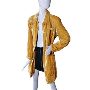 Vintage Velvet Button Down Duster Size 12 Gold Long Sleeve Collared Fully Lined - Picture 1 of 12