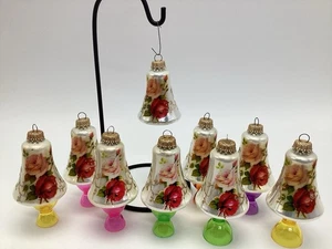 9 Krebs Christmas Bell Glass Ornaments Lot Victorian Roses Gold Glitter Swirl - Picture 1 of 8