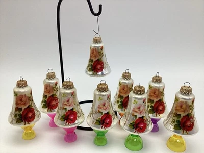 Lote de 9 adornos de vidrio campana de Navidad Krebs rosas victorianas oro brillo remolino Foto 1 de 4