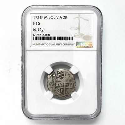 BOLIVIA 1731 P M 2 REALES NGC F 15 SPANISH COLONY SILVER COB COIN POTOSI 6.14g - Image 1 of 2