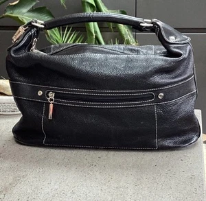 Genuine Black Leather Bag with White Contrast Stitching, Laura Ashley - Picture 1 of 14