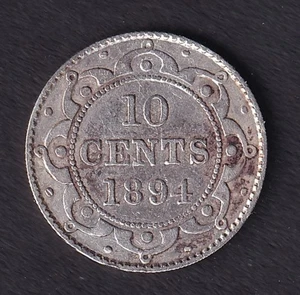 NLFD Newfoundland 1894 10c Ten Cent Silver Coin Queen Victoria F .925 Silver - Picture 1 of 2