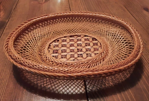 Vintage Woven Rattan Oval Basket Fruit Storage 12L x 9W Boho Handmade Cover