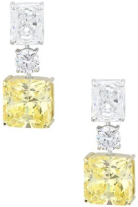 Lemon Yellow Square 24.66ct Citrine With Round & Emerald Cut 14.60ct CZ Earrings - Picture 1 of 4