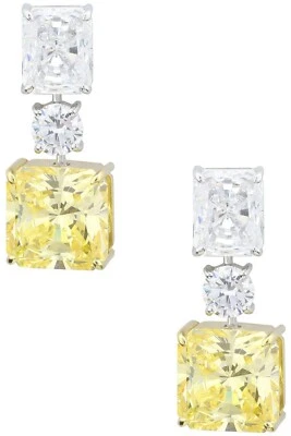 Lemon Yellow Square 24.66ct Citrine With Round & Emerald Cut 14.60ct CZ Earrings - Image 1 of 4