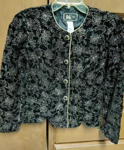 Chaqueta Blazer R&K Noche Para Mujer Talla PS Missy Terciopelo Floral Negra Brillante De Colección - Imagen 1 de 6