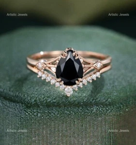 925 Sterling Silver Pear Black Onyx Stone Moissanite Cocktail Ring US All Size - Picture 1 of 8