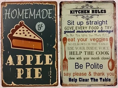 DOS SIGNOS DE HOJALATA 8x12 pastel de manzana cocinero hornear madre cocina reglas modales comer educado Foto 1 de 4