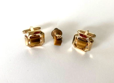 Gemelos Anson Vintage Piedras Ojo de Tigre Plus Swank Tie Tac Foto 1 de 4