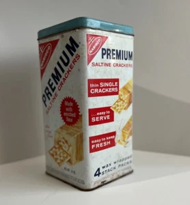 Vintage Nabisco 1969 Premium Saltine Cracker TIN 14oz Light Blue Lid Empty Decor - Picture 1 of 14