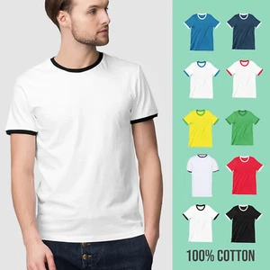 Mens Ringer T-Shirt Plain Blank Fruit Of the Loom Summer Stylish Crew Neck Retro - Picture 1 of 12