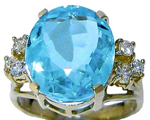 14k yellow gold oval light Swiss blue topaz ring with round diamonds - Picture 1 of 6
