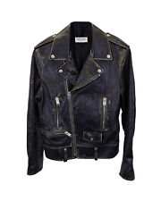 Saint Laurent Men's Distressed Black Leather Biker Jacket With Chunky Hardware I