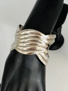 VINTAGE SCHWERES TAXCO MEXIKO STERLINGSILBER MODERNIST GERIPPTES BREITES ARMBAND - Bild 1 von 12