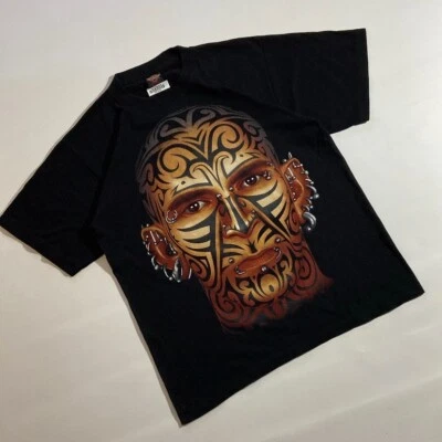 Camiseta negra piercing cara tatuaje tribal punk Y2K puntada única años 90 talla grande Foto 1 de 4