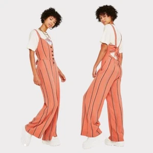 UO NEW Womans Medium Ashley Striped Button-Through Tie-Back Jumpsuit Orange Boho - Picture 1 of 6